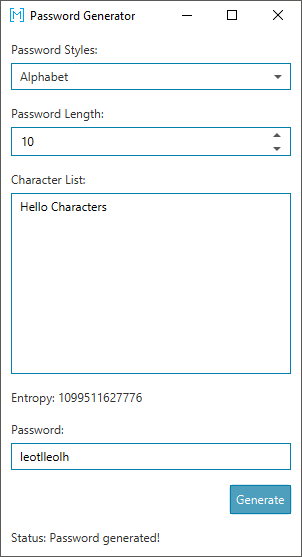 A screenshot showing the password creator's ability to use custom character sets