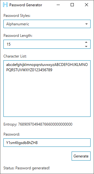 A screenshot showing the password creator after it has generated a new password