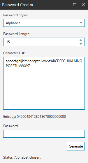 A screenshot showing the password creator after it has been styled using a custom window decoration