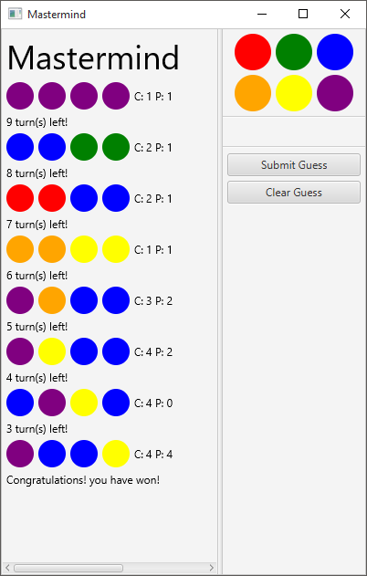 A screenshot of the javaFX version of the mastermind game