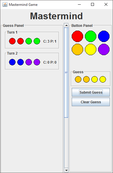 A screenshot of the java swing mastermind game