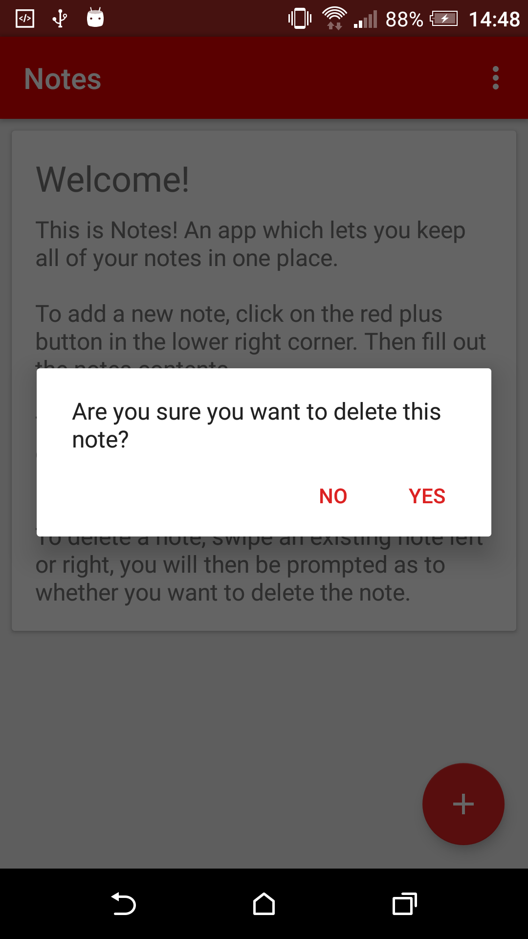 A screenshot of a note being deleted